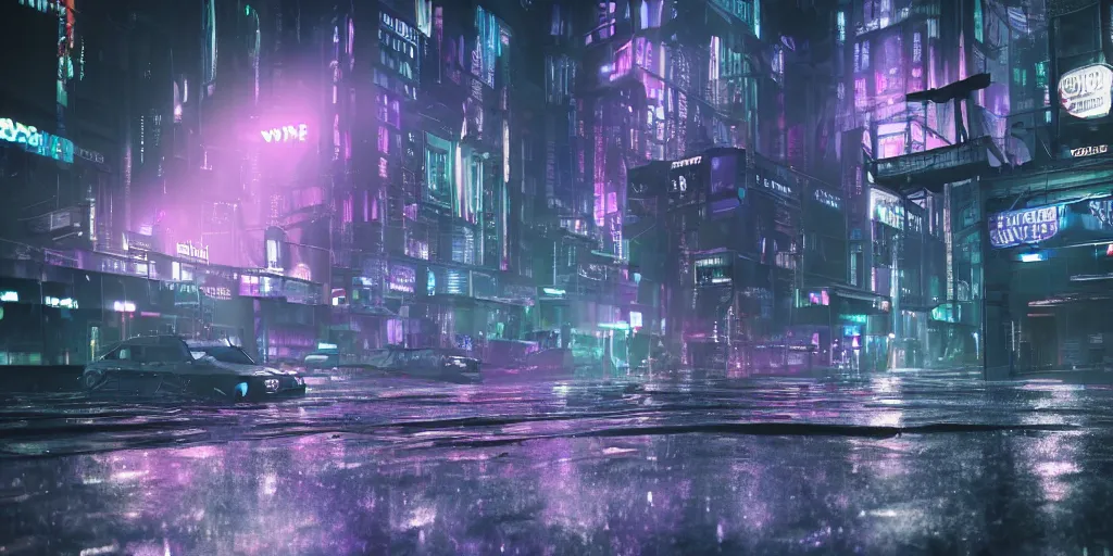 Image similar to uncanny valley, dark grotesque nocturne cyberpunk city, armed and dangerous, night, rain, purple neon lights, black, grey, white, realistic 4 k octane beautifully detailed render, 4 k post - processing, highly detailed, intricate complexity, epic composition, magical atmosphere, cinematic lighting, masterpiece, ultra hd