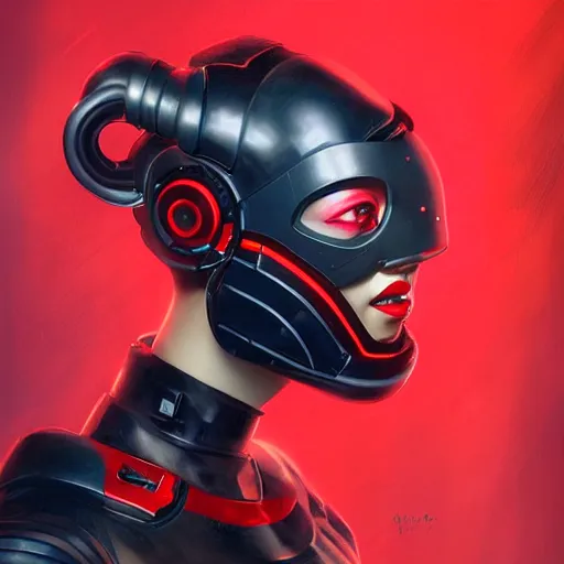 Image similar to Futuristic portrait painting of a cyborg girl with black and red robotic parts, medium shot, asymmetrical, profile picture, Organic Painting, sunny day, Matte Painting, bold shapes, hard edges, street art, trending on artstation, by Huang Guangjian and Gil Elvgren and Sachin Teng