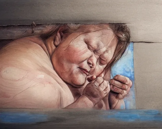 Image similar to an innocent and beautiful scene in hyper realistic style, watercolor and pen oily drawing on wood, of a fat old woman is sculpting a huge baby's head on the wall, lighting from the barred window. shadows. 4 k. wide angle. wild mood. red mouth, blue eyes. deep focus, lovely scene. ambient occlusion render. unreal engine.