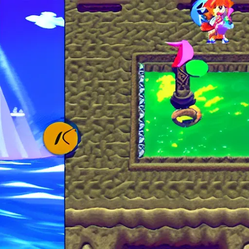 Prompt: a screenshot of the legend of zelda : the wind waker ( gcn 2 0 0 2 ), a screenshot of chrono cross ( psx 2 0 0 0 )