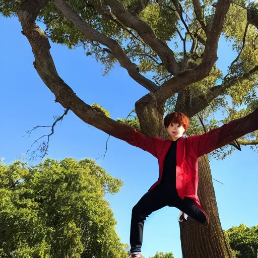 Prompt: Photo of Jeon Jungkook at 10 years old flying over a tree, realistic, real life, detailed picture, 8k, 35mm focal length