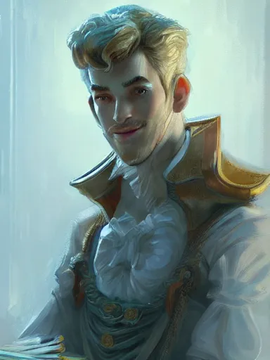 Image similar to a noble man smirking with flirty eyes. relaxed in his chair with crossed arms. intricate, elegant, highly detailed, digital painting, artstation, concept art, sharp focus, illustration, by justin gerard and artgerm, 8 k