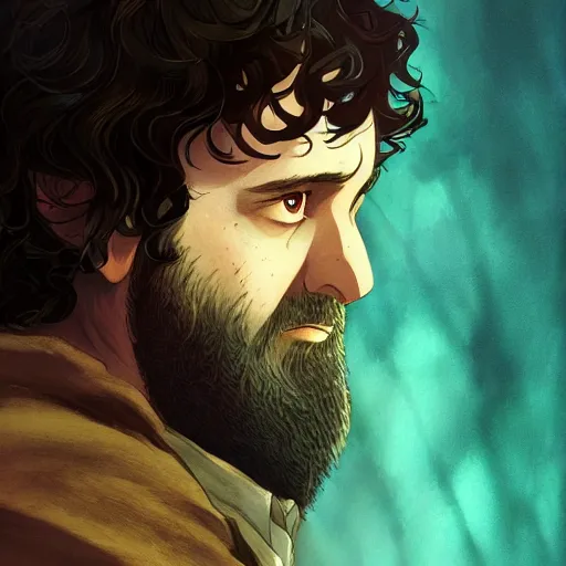 Image similar to Director Peter Jackson as Frodo Baggins, Frodo with Director Peter Jackson's beard ambient lighting, 4k, anime key visual, lois van baarle, ilya kuvshinov, rossdraws, artstation