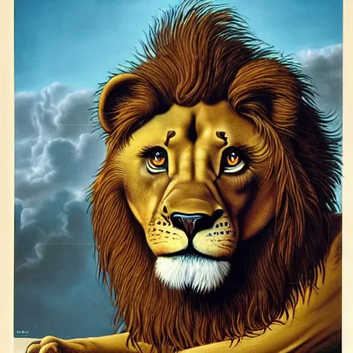 Image similar to an anthropomorphic lion by jim burns, james gurney, and david a. hardy