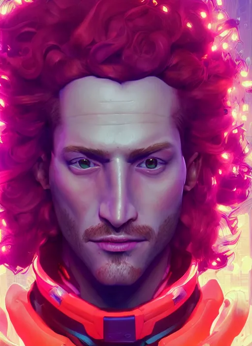 Image similar to synthwave portrait of curly orange hair man from overwatch, au naturel, hyper detailed, digital art, trending in artstation, cinematic lighting, studio quality, smooth render, unreal engine 5 rendered, octane rendered, art style by klimt and nixeu and ian sprigger and wlop and krenz cushart.