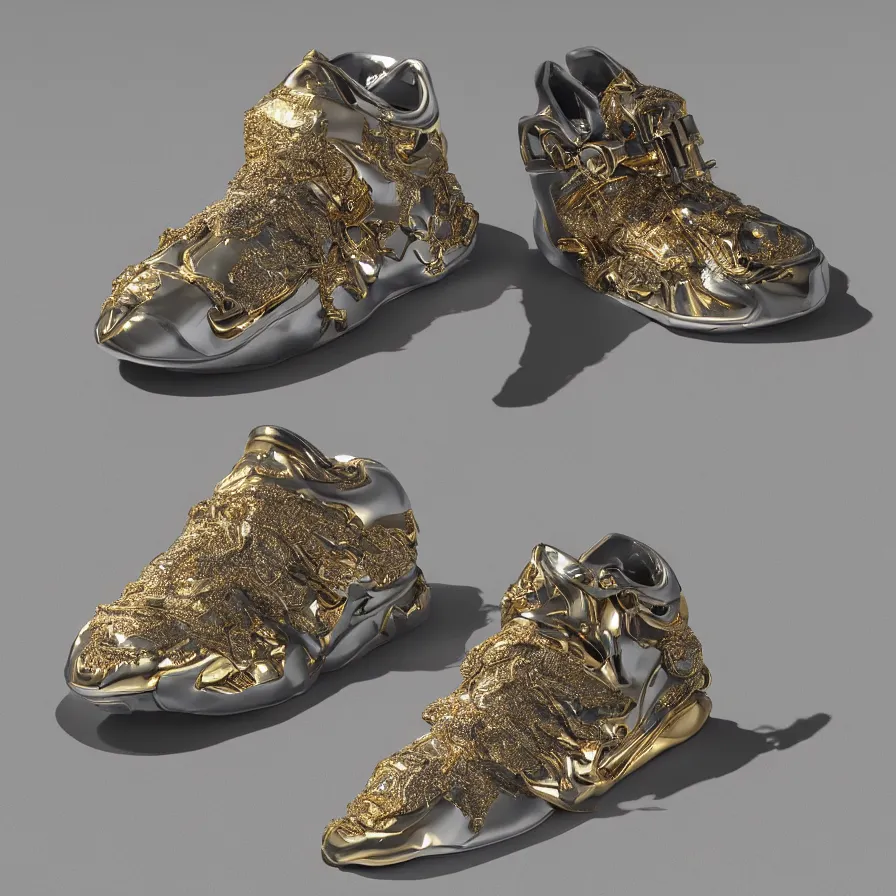 Image similar to futuristic balenciaga sneakers, nft art, highly detailed, hyper realistic, a ton of bussdown iced gold bling in wallace & gromit strata - cut claymation, ultra realistic, concept art, intricate details, serious, highly detailed, photorealistic, octane render, 8 k, unreal engine