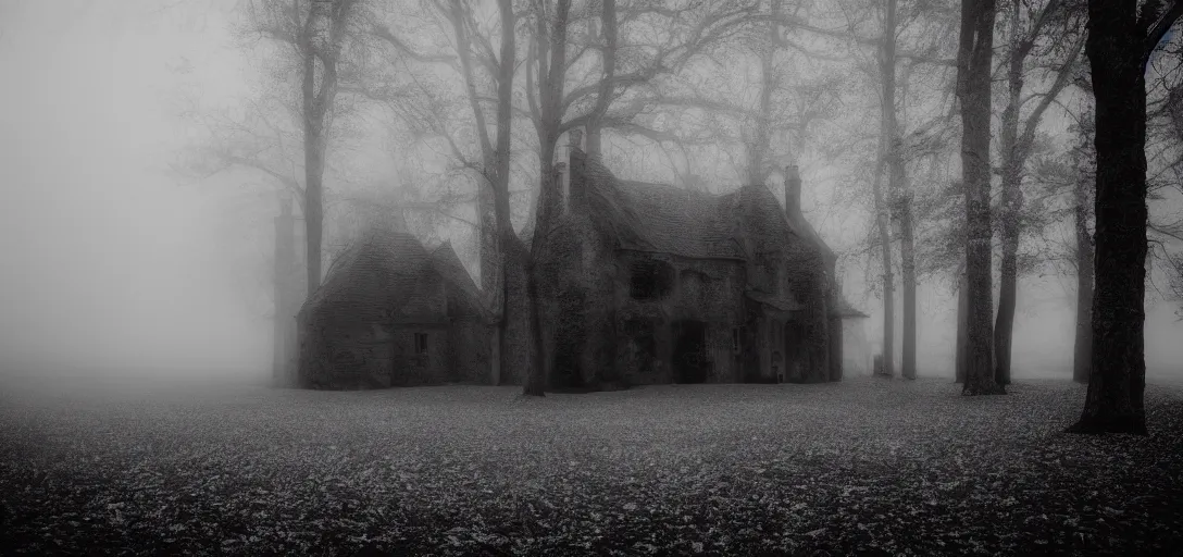 Prompt: renaissance black house in misty wood, monochrome, analogue photo quality, blur, unfocus, cinematic, 35mm