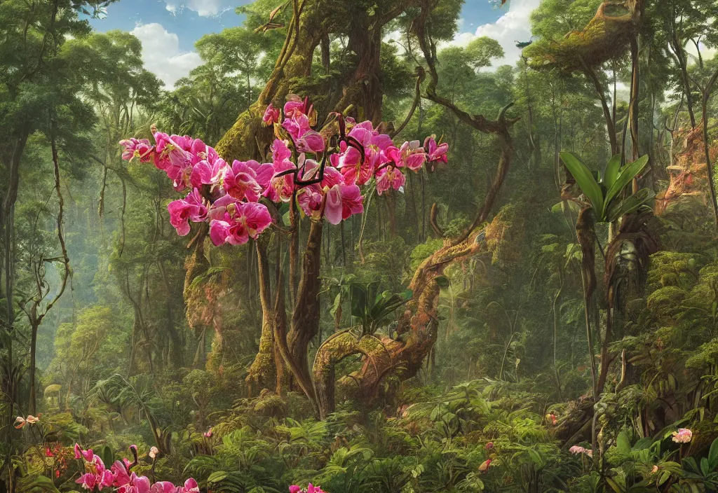 Prompt: a detailed botanical landscape painting of a flowering orchid during the time of the dinosaurs in the forest jungle, painting by martin johnson heade and simon stalenhag, colorful wild flowers, brontosaurus head emerging from the top of the trees, rainforest weather