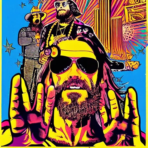Prompt: psychedelic illustration of macho man randy savage in front of ancient city, faile style, shep fairey, obey giant