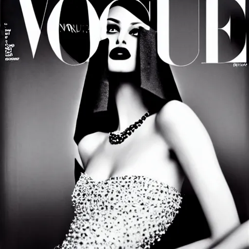 Prompt: a beautiful professional black and white photograph by hamir sardar, herb ritts and ellen von unwerh for the cover of vogue magazine of a beautiful and unusually attractive moroccan female fashion model looking at the camera in a flirtatious way, hasselblad 5 0 mm f 1. 8 lens