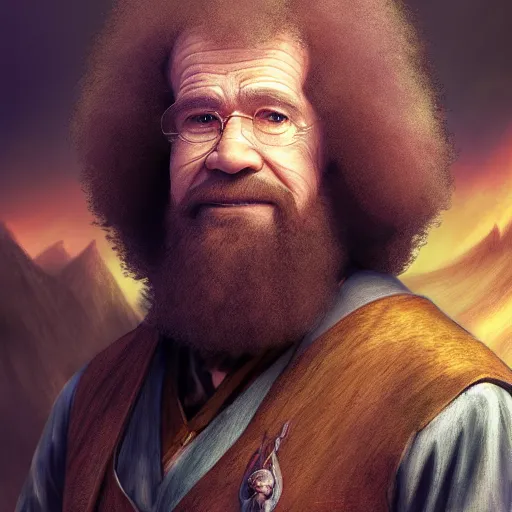 Prompt: a portrait of a Bob Ross as a Arch Mage ,Grim fantasy, D&D, HDR, natural light, shoulder level shot, dynamic pose, award winning photograph, Mucha style 4k,