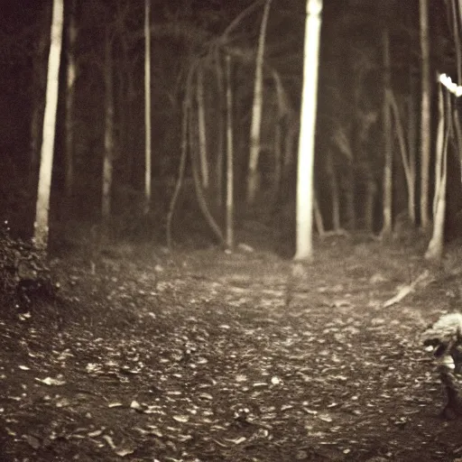 Prompt: kid looking at camera in forest at night, far away from camera, 70s photo, out of focus, motion blur, cctv footage, horror movie, horror lighting, blair witch project, old photo