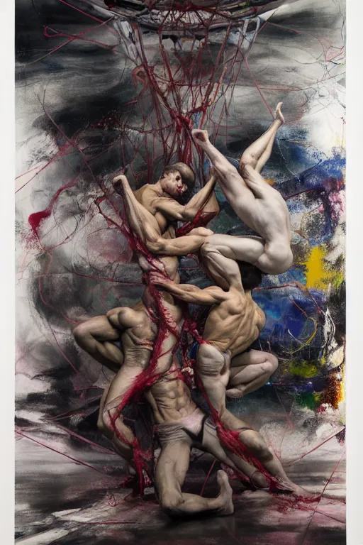 Prompt: muscular men entwined together, floating in space, inside a brutalist space ship, gothic, rich deep colours, painted by francis bacon, adrian ghenie, james jean and petra cortright, part by gerhard richter, part by jenny saville, part by takato yamamoto. 8 k 3 d epic