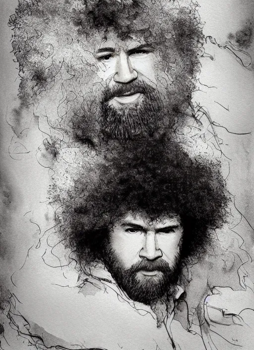 Prompt: portrait, BoB Ross, Using Stable Diffusion to paint, watercolor, dramatic lighting, cinematic, establishing shot, extremly high detail, foto realistic, cinematic lighting, pen and ink, intricate line drawings, by Yoshitaka Amano, Ruan Jia, Kentaro Miura, Artgerm, post processed, concept art, artstation, matte painting, style by eddie mendoza, raphael lacoste, alex ross