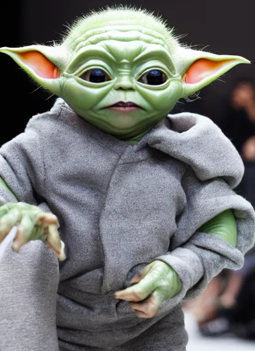 Image similar to hyperrealistic and heavy detailed balenciaga runway show of baby yoda, leica sl 2 5 0 mm, vivid color, high quality, high textured, real life, cute face