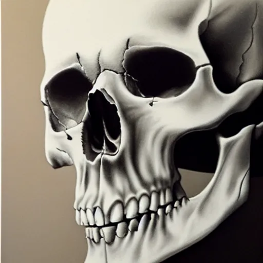 Prompt: hyperrealism painting of a skull on a table, soft shadows