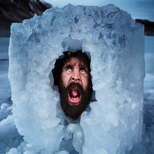 Image similar to caveman frozen in a huge block of ice. national geographic. contest winning