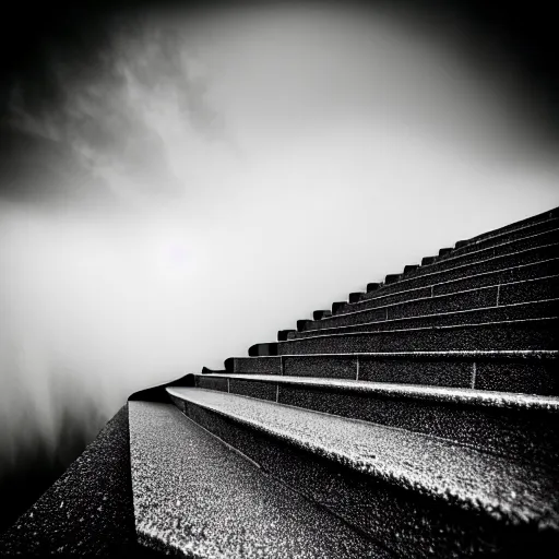 Image similar to black and white surreal photograph, highly detailed vast space made of stairsteps, sideview, detailed textures, natural light, mist, architecture photography, film grain, soft vignette, sigma 1 4 mm f / 1. 4 1 / 1 0 sec shutter, imax 7 0 mm footage