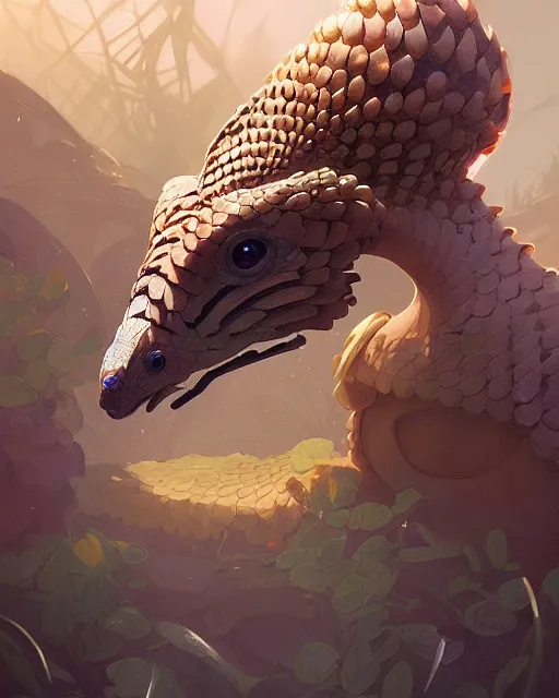 Image similar to highly detailed vfx portrait of a pangolin with white and gold cyborg scales, unreal engine, greg rutkowski, loish, rhads, beeple, makoto shinkai and lois van baarle, ilya kuvshinov, rossdraws, tom bagshaw, alphonse mucha, global illumination, detailed and intricate environment