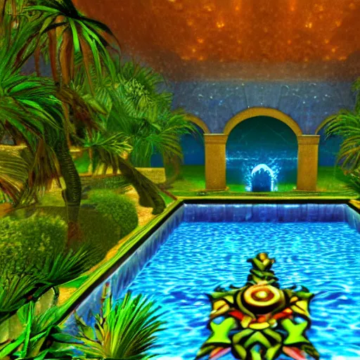 Prompt: Palace of the chalice, refracted sparkles, motion blur, ps1 videogame, thunderstorm, greek pool, beach and Tropical vegetation, 2005 game, moldy screenshot