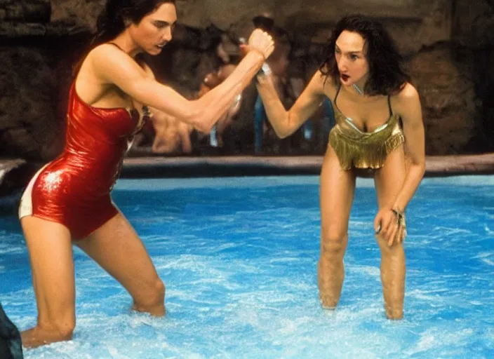 Prompt: gal gadot oil wrestling with patrick swayze, movie still, from the movie road house, 8 k, realistic