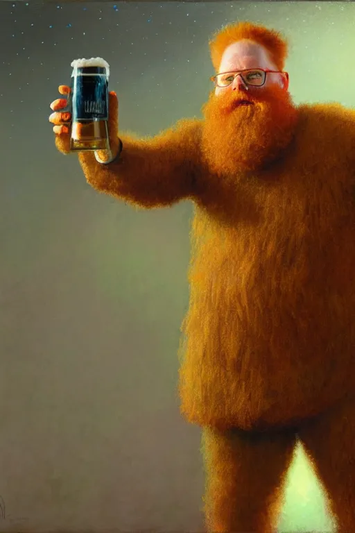 Image similar to full - body portrait of bearded ginger man wearing scientist costume taking photos of beer, by donato giancola, craig mullins, jeremy mann, face details, extremely detailed, bokeh, photorealistic, reflections, digital illustration