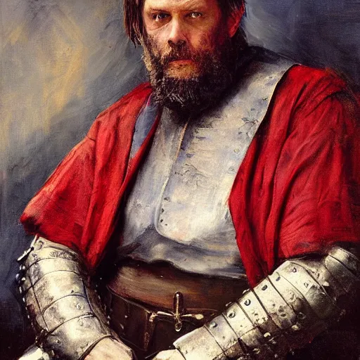 Image similar to Solomon Joseph Solomon and Richard Schmid and Jeremy Lipking victorian genre painting portrait painting of a old rugged movie actor medieval french english german knight character in fantasy costume, red background