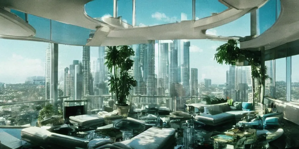 Image similar to a luxury apartment with large windows, 1 9 8 0 s science fiction, windows overlooking an alien blue cactus jungle landscape, sci - fi film still, screenshot from a science fiction movie, ridley scott,