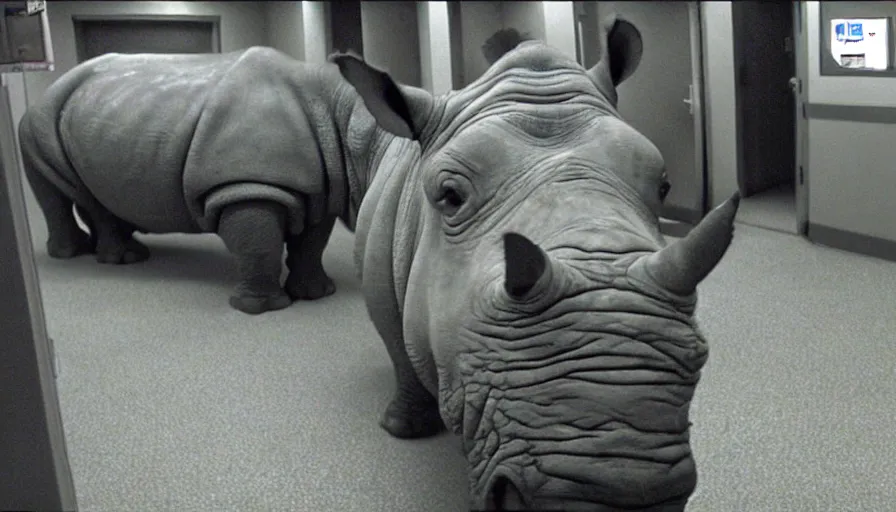 Image similar to a rhinoceros in a hospital, by mini dv camera, very very low quality, heavy grain, very blurry, accidental flash, webcam footage, found footage, security cam, caught on trail cam