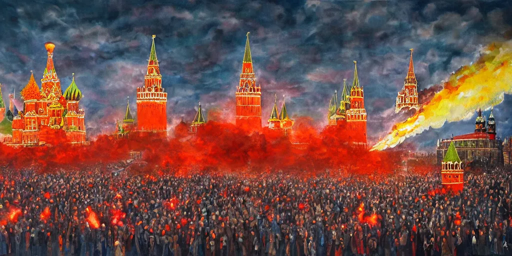 Prompt: a beautiful painting of massive nuclear strike on Red Square and Kremlin by Andreas Marschall, nuclear mushroom, fire, panic, dark, clouds, 8k, high detail, advanced rendering whimsically designed art, 4k post-processing highly detailed, Soft illumination