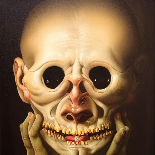 Image similar to oil painting with black background by christian rex van minnen rachel ruysch dali todd schorr of a symmetrical chiaroscuro portrait of an extremely bizarre disturbing mutated man with acne intense chiaroscuro cast shadows obscuring features dramatic lighting perfect composition masterpiece