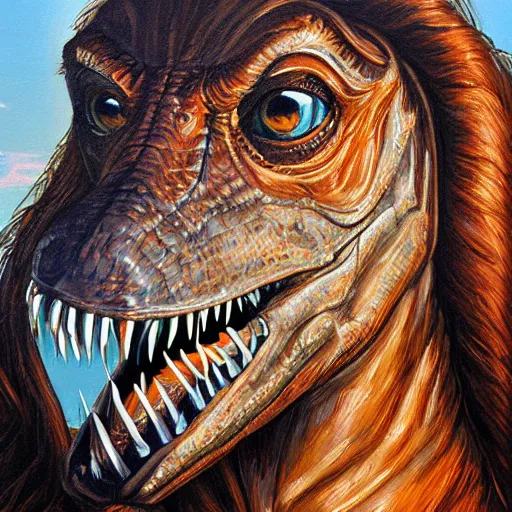 Prompt: portrait painting of Jesus Christ the lord as a velociraptor by Chevrier Sandra, holy light, hyperdetailed