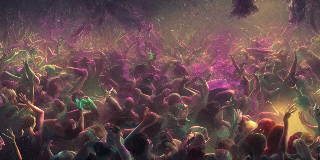 Image similar to rave party moshpit underwater, ethereal atmosphere, realistic digital art 4 k, high quality, greg rutkowski, zabrocki, karlkka, jayison devadas, phuoc quan, trending on artstation, 8 k, ultra wide angle, zenith view, pincushion lens effect