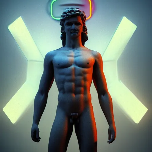 Prompt: The statue of david with a neon ring around the head, in a synthwave, 3d render, 3d art, octane render, highly detailed, artstation