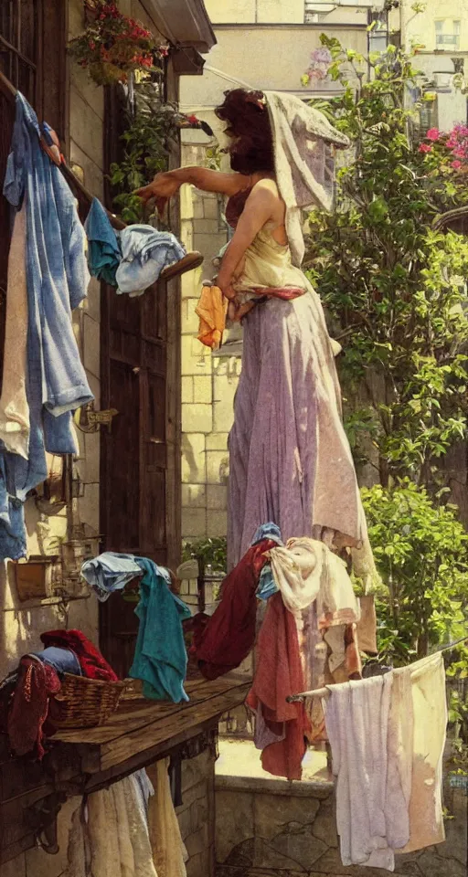 Image similar to a person squeezing washing clothes outside, sun shining, photo realistic illustration by greg rutkowski, thomas kindkade, alphonse mucha, loish, norman rockwell.