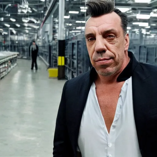 Image similar to till lindemann inspecting a factory which produces clones of putin