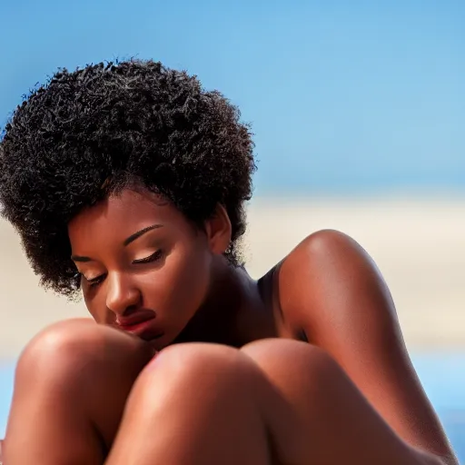 Prompt: beautiful young ebony woman sunbathing at the beach. 4 k extreme detail photoshoot.