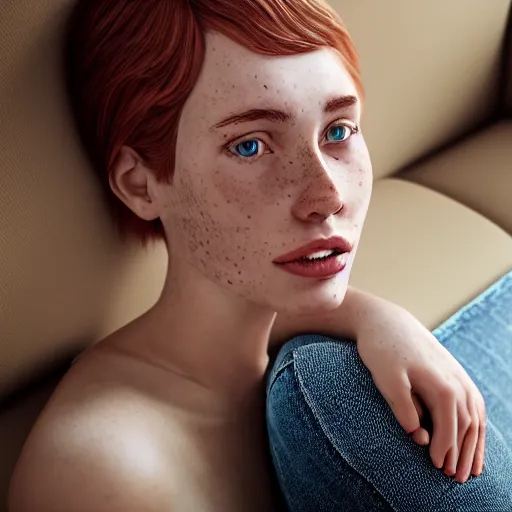 Prompt: portrait of a cute thin young woman, red blush, cute freckles wearing casual clothes, small smile, relaxing on a couch, cozy living room, close up shot, 8 k, art by diego fazio and irakli nadar, hyperrealism, hyperdetailed, ultra realistic