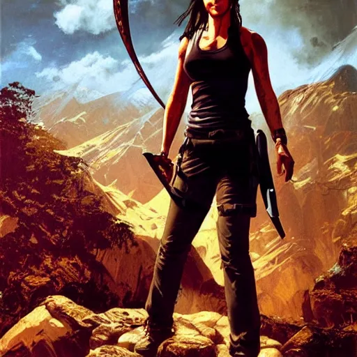 Prompt: Ricky Gervais as Lara Croft (tomb raider, 1996), full body portrait by Karol Bak, Syd Mead and Raphael Lacoste, rich colors, neon digital art