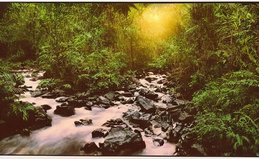 Image similar to jungle river landscape, old color film photography, vintage, F/1,4, film artifacts, sunset, highly detailed