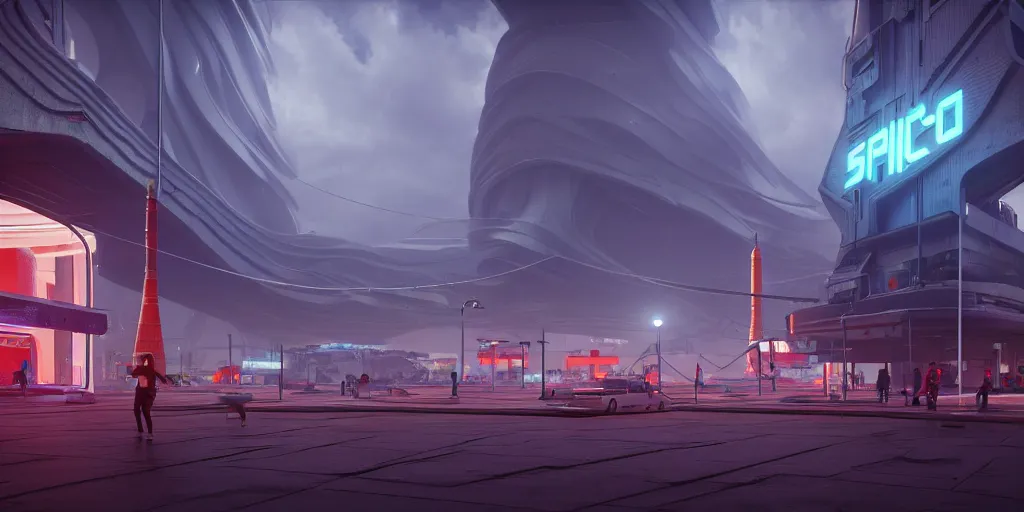 Image similar to a futuristic traditional mexican colony, no people on the streets, blade runner 2 0 4 9 city architecture, cyberpunk mexican futuristic colonial architecture, spacex starship rocket launch site, environmental lighting, stormy weather, ray tracing, people walking on street, amazing view, highly detailed, heavy traffic, neon shops, octane render, unreal engine 5, 4 k