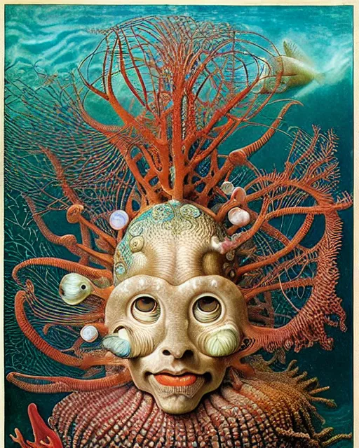 Image similar to hyperrealistic detailed underwater face portrait of the beautiful god of the fish with an intricate headgear of corals, sea kelp, sea plants, fish, starfish, jellyfish, art by ernst haeckel, hieronymus bosch, james jean, gothic, neo - gothic, ornamental, beautiful deep colours,