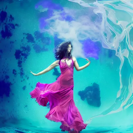 Prompt: woman dancing underwater wearing a flowing dress made of blue, magenta, and yellow seaweed, delicate coral sea bottom, swirling silver fish, swirling smoke shapes, maya render, caustics lighting from above, cinematic, hyperdetailed