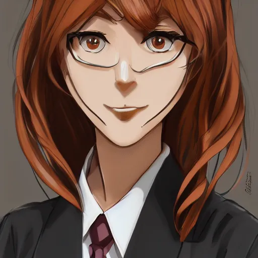 Image similar to female lawyer, business suit, brown neat hair, anime, pixiv, fanbox, trending on artstation, digital painting, defense attorney, clean, lightning