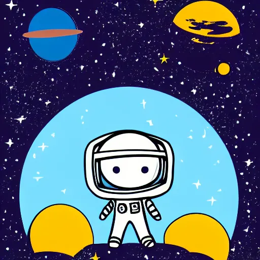 Prompt: A lonesome astronaut floating through space, with multiple colourful planets and stars in the background, and a deep blue sky, in the style of 60s scifi