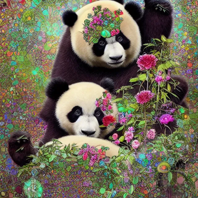 Prompt: panda bears, made with fractal gems, fractal crystals, very intricate, hyper realistic, octane render, very colorful, vibrant, cinematic, amazing details, by james jean, by brian froud, by ross tran, by alphonse mucha