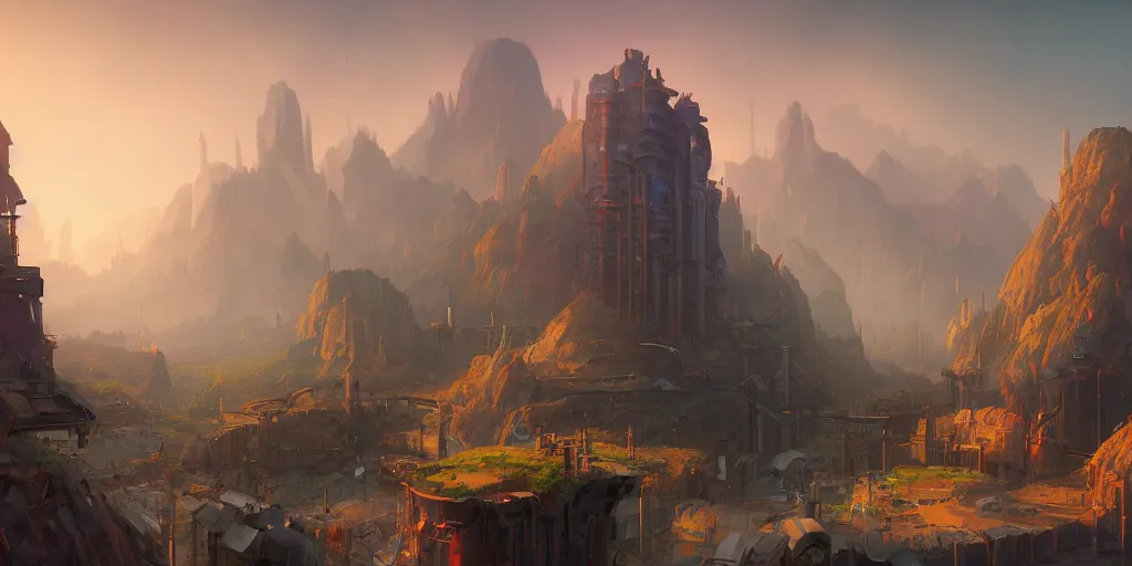 Prompt: a science - fiction city in a valley, with a gigantic futuristic mill and towers, fortress, morning, andreas rocha, artstation, matte painting
