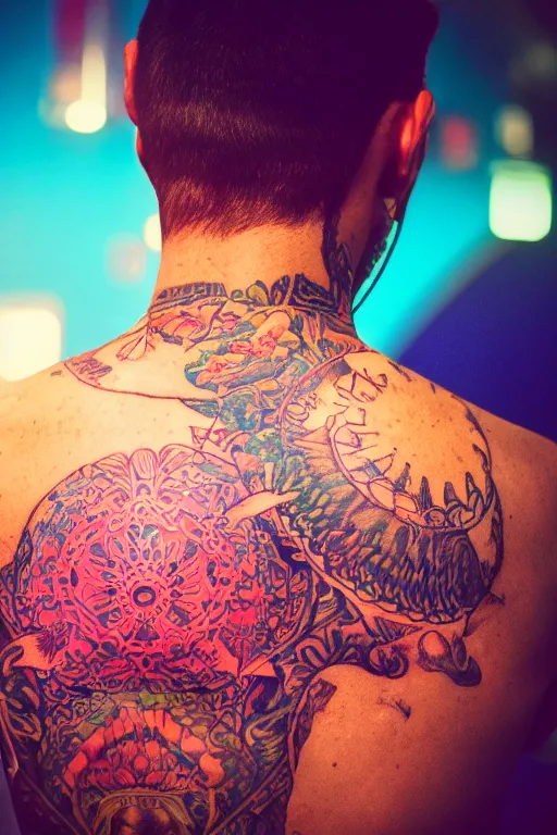 Prompt: agfa vista 4 0 0 photograph of a guy with elaborate intricate back tattoos, back view, synth vibe, vaporwave colors, lens flare, moody lighting, moody vibe, telephoto, 9 0 s vibe, blurry background, grain, tranquil, calm, faded!,