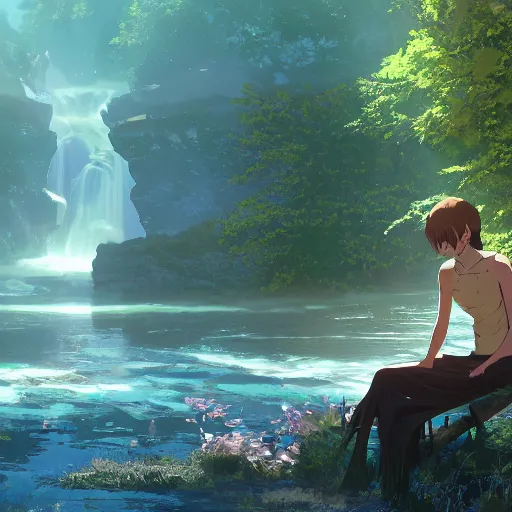 Prompt: a kelpie, sitting next to an altar near a river, dripping with water, digital illustration, very vibrant colors, soft lighting, adventurous, atmospheric lighting, 8K, octane render. By Makoto Shinkai, Stanley Artgerm Lau, WLOP, Rossdraws, James Jean, Andrei Riabovitchev, Marc Simonetti, krenz cushart, Sakimichan, D&D trending on ArtStation, digital art