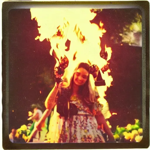 Prompt: midsommar festival, polaroid, fire, flowers